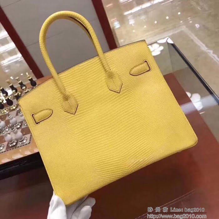 HERMES愛馬仕 鉑金包 Birkin 25cm 蜥蜴 Lizard leather 檸檬黃 銀扣 蠟線手縫 時尚手提包  Ama1151